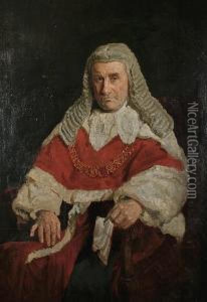 A Three Quarter Length Portrait Of A Seated Red Robed Judge Oil Painting - Reginald Grenville Eves