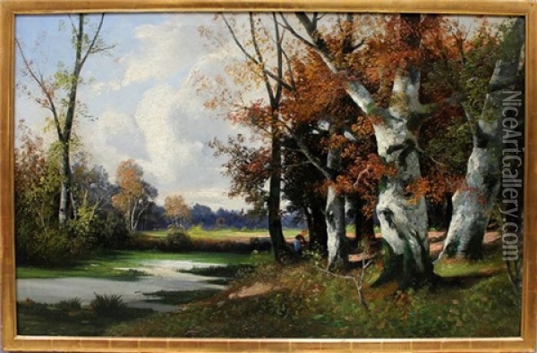 Bauerin An Einem Flusslauf Im Birkenwald Oil Painting - Adolf Kaufmann