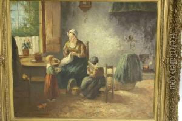 Boerenbinnenhuis Met Vrouw En Kinderen Oil Painting - Adolf-Julius Berg
