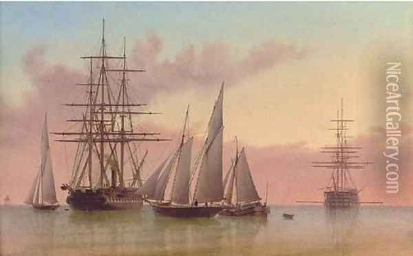 Warships and other vessels in a calm Oil Painting - William Frederick Settle