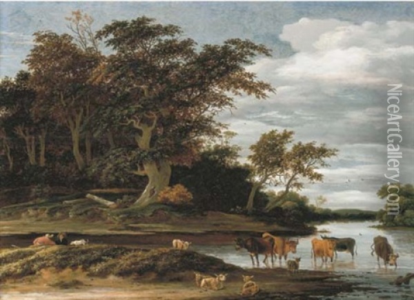 Herdsmen With Cattle And Sheep In A Wooded River Landscape Oil Painting - Jacob Salomonsz van Ruysdael
