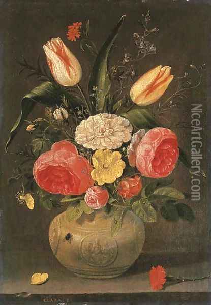 Roses, tulips, carnations and other flowers in a stoneware vase with ornamental relieves on a stone ledge Oil Painting - Clara Peeters