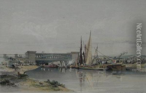 Railway Bridge Over The Regents Canal Oil Painting - John Cooke Bourne