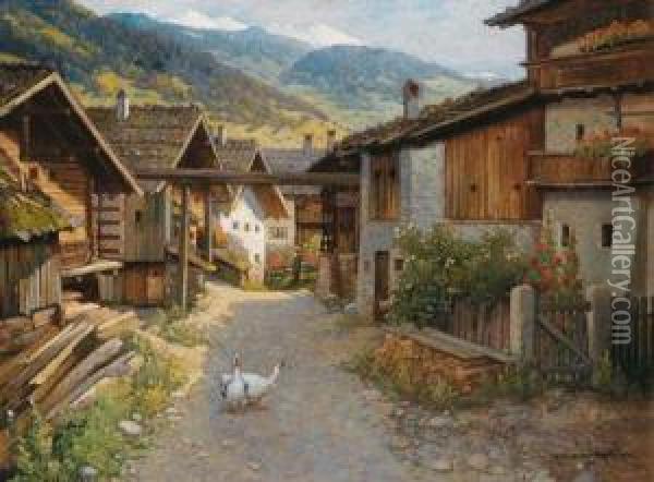 Dorfgasse Im Ob. Pinzgau Oil Painting - Konstantin Stoitzner