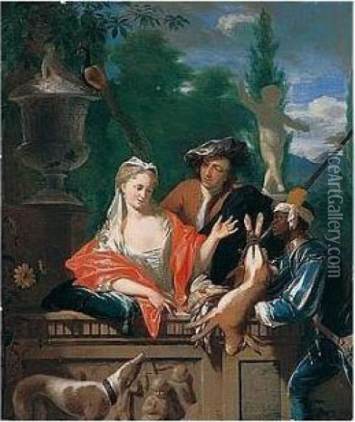 A Gentleman And His Negro Page Presenting A Hare To A Young Lady Oil Painting - Philip Le Petit Van Dyk