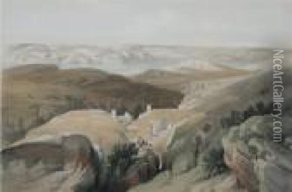 The Holy Land And Egypt: 
Wilderness Ofengedi, Convent Of St. Saba, Dead Sea In The Distance Oil Painting - David Roberts