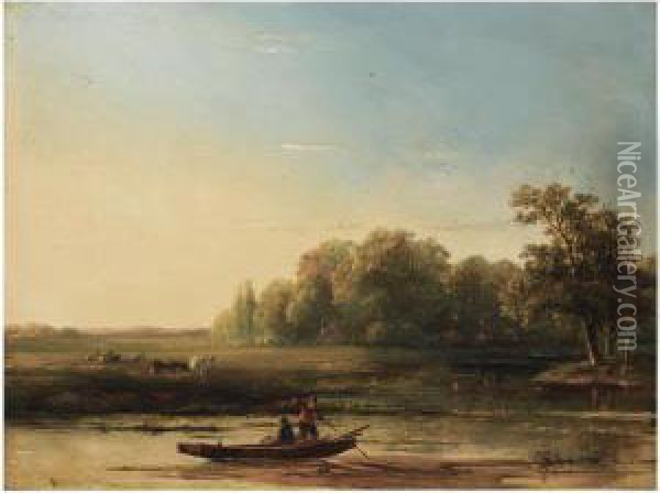 A Summer Landscape With Fishermen In A Boat Oil Painting - Willem Roelofs