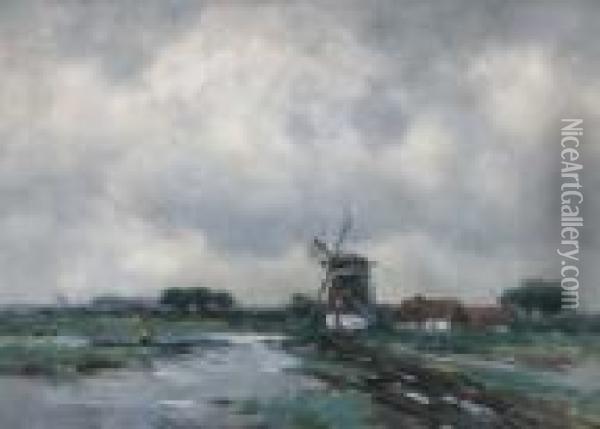 Weids Polderlandschap Met Molen Envissertje Op De Voorgrond Oil Painting - Willem Cornelis Rip