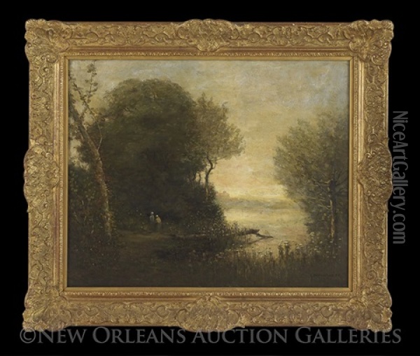 River Landscape With Figures Oil Painting - George William Whitaker