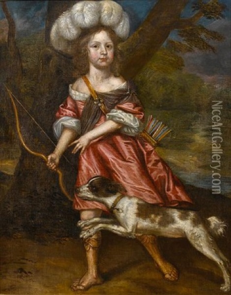 Portrait Of A Young Girl As Diana, Full-length, In A Red Dress With A White Chemise, Holding A Bow, With A Dog At Her Feet Oil Painting - Jacob Huysmans