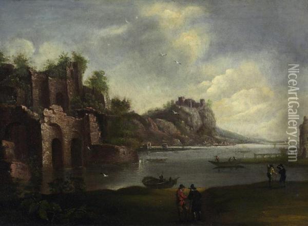 Riverlandscape With Ruins And Figural Arrangement Oil Painting - Horatius Hooch