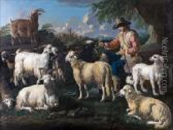 Shepherd With Sheep And Goats In Alandscape Oil Painting - Philipp Peter Roos