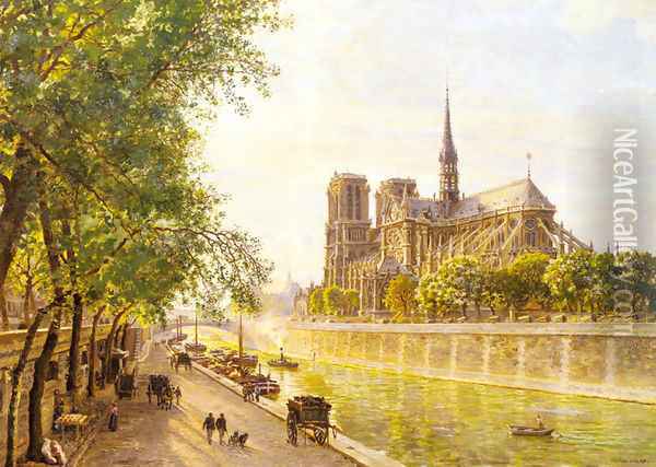 L'lle de la Cite and the Cathedral of Notre Dame, Paris as seem from Quai Montebello Oil Painting - Marie-Francois-Firmin Girard