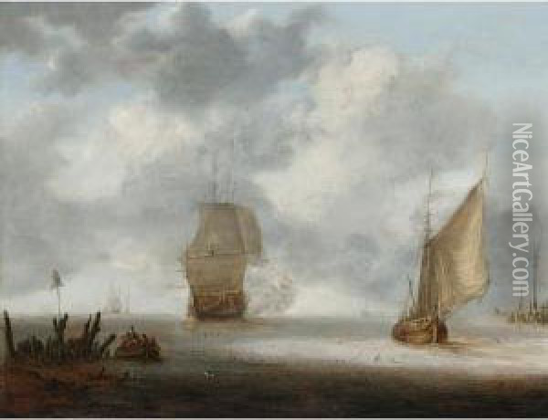 A Calm Sea With A Man Of War And A Fishing Boat Oil Painting - Jan Porcellis