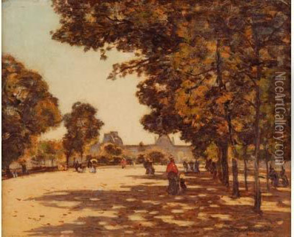 Promeneurs Au Jardin Des Tuileries Oil Painting - Louis Braquaval
