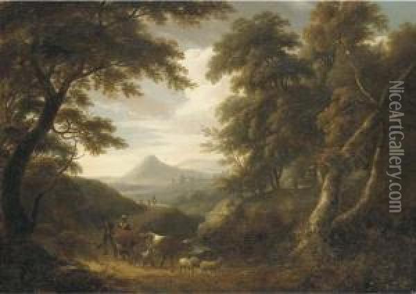A Wooded Landscape, With Figures And Livestock On A Path And Ruinsbeyond Oil Painting - William Ashford