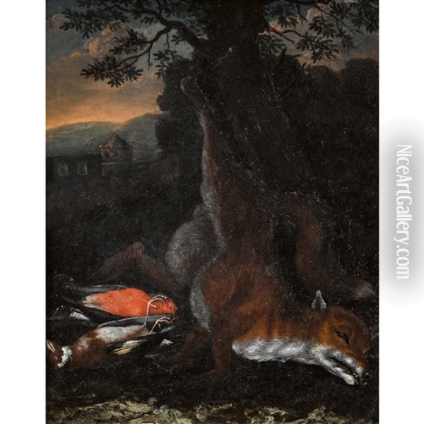 Jagdstillleben Mit Fuchs, Stieglitz Und Dompfaff Oil Painting - Johann Jakob Anton von Lenz