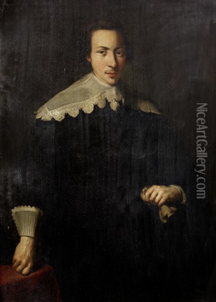 Portrait Of A Gentleman, Three-quarter-length, In Black Costume With A White Lace Collar, Holding Gloves Oil Painting - Willem Willemsz van der Vliet