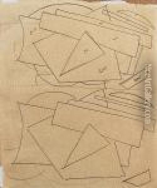 Design For An Exhibition Poster (recto), Studies For A Linocut (verso) Oil Painting - Lyubov Popova