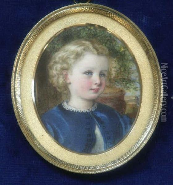 Miniature Of A Child Wearing A Blue Coat Oval 3.5 X 3in Oil Painting - Annie Dixon