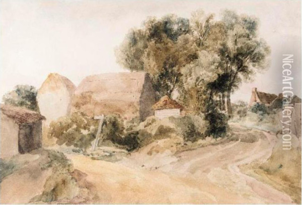 Farm Buildings By A Fork In A Country Lane Oil Painting - Peter de Wint