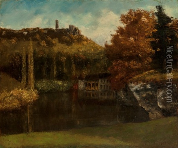 Le Lavoir (vue Et Ruines Du Chateau De Scey-en-varais) Oil Painting - Gustave Courbet