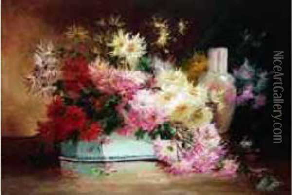 < Bouquet De Fleurs Dans Une Jardiniere >. Oil Painting - Edmond Van Coppenolle