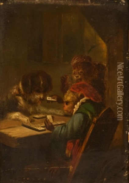 Two Monkeys And A Dog Playing Dominos Oil Painting - Zacharias Noterman