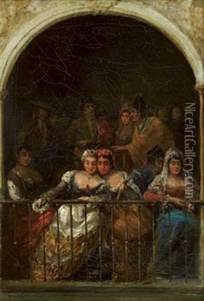 Elegantes Au Balcon Oil Painting - Eugenio Lucas Velazquez