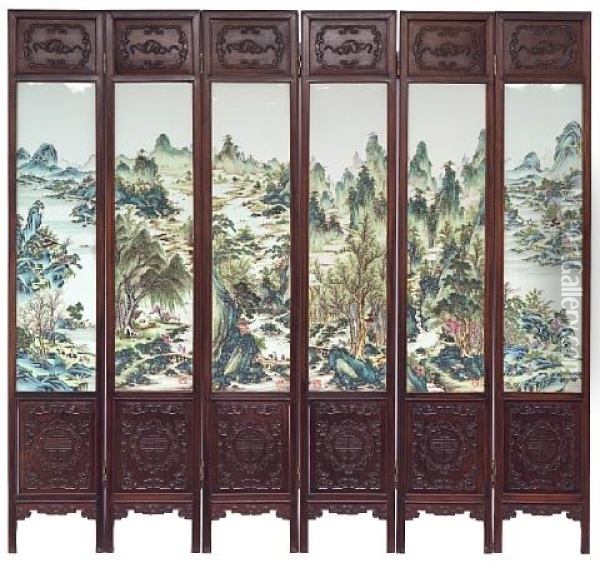 Six-panel Floor Screen Inset With Plaques (in 6 Parts) Oil Painting -  Wang Yeting