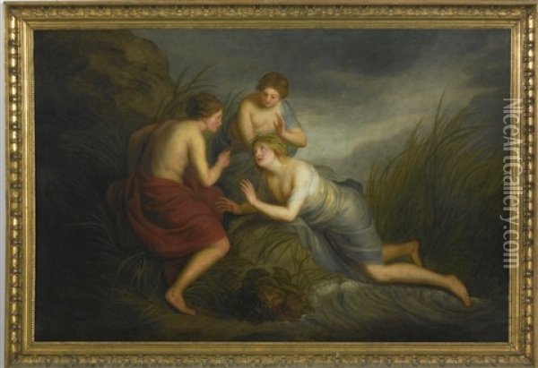 Perseus With Minerva Discovering The Sleeping Medusa; Sea Nymphs Discovering The Hair Of Medusa Turning To Coral (pair) Oil Painting - Andries Cornelis Lens