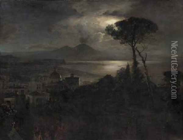 Musicians In The Streets Of Naples At Night, With The Vesuvius And Mount Somma In The Distance Oil Painting - Oswald Achenbach