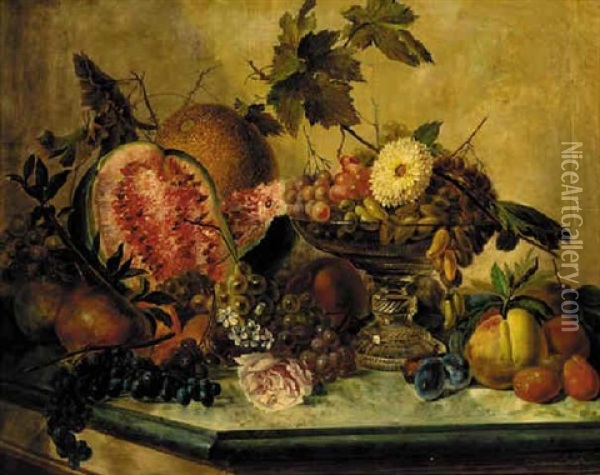 Grapes In A Glass Tazza With Melons, Apples, Plums, Pears And Apricots On A Marble Topped Table Oil Painting - Gennaro Guglielmi