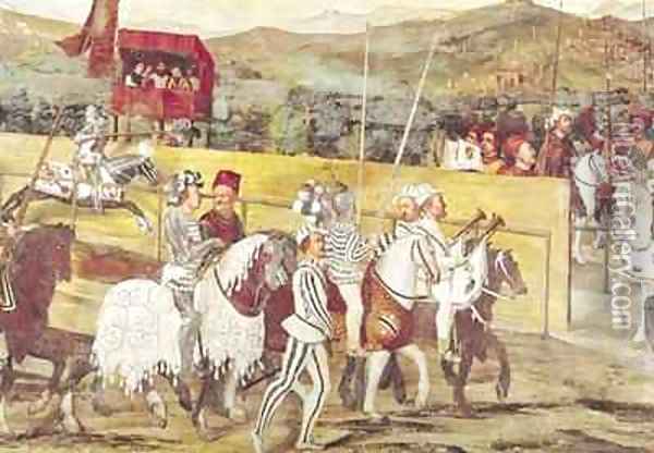 Tournament in Honour of Christian I 1426-81 of Denmark at Castello di Malpaga Oil Painting - Marcello Fogolino