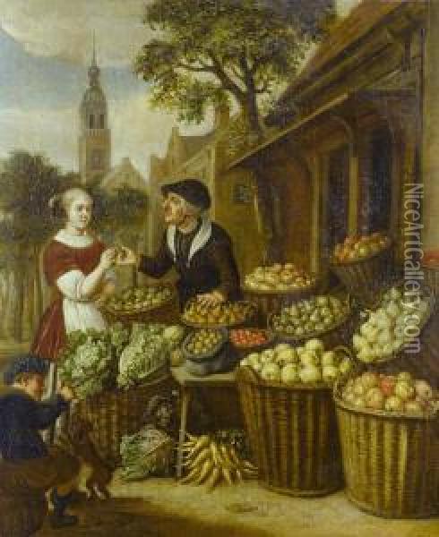 A Vegetable Seller In A Town Square Oil Painting - Jan Victors