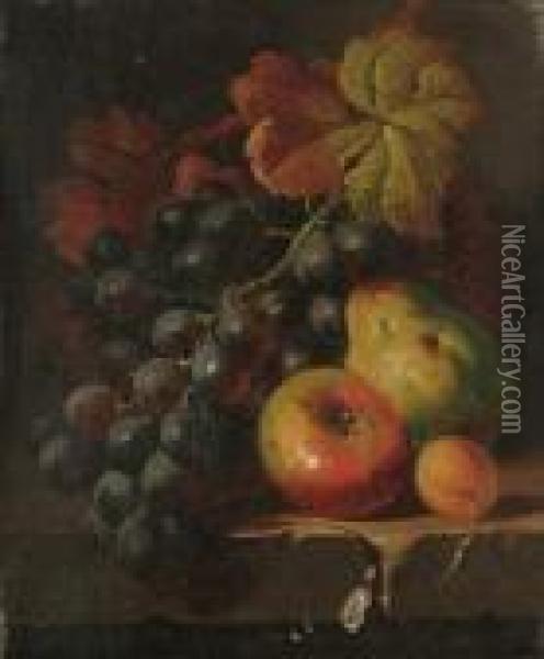 Still Life Of Fruit And Vine Leaves On A Ledge; And A Companion Oil Painting - Charles Thomas Bale