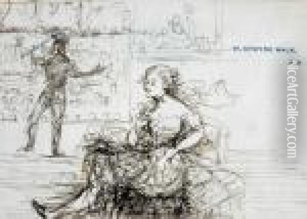 Figures In An Art Gallery Ink On Note Paper Oil Painting - Charles Edward Conder