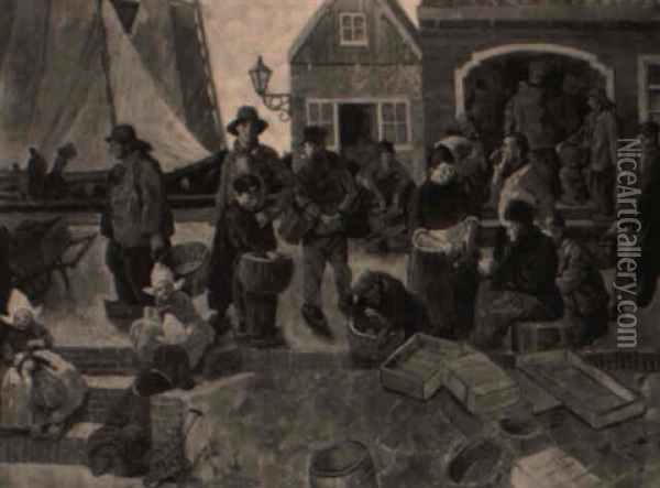 Fisherfolk In The Harbour Of Volendam Oil Painting - Georg Hering