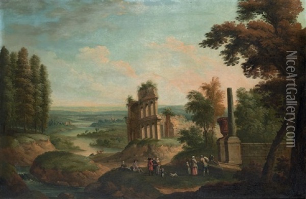 A River Landscape With Elegant Company By Classical Ruins Oil Painting - Robert Griffier