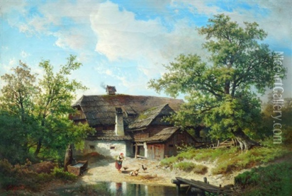 Woman Feeding Chickens By A Pond With A Cottage And Woodland Oil Painting - Carl Hasch