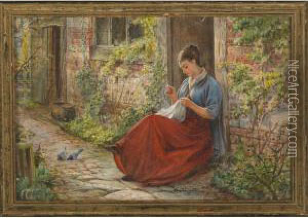 Woman Sewing At The Garden Door Oil Painting - Frederick Albert Slocombe