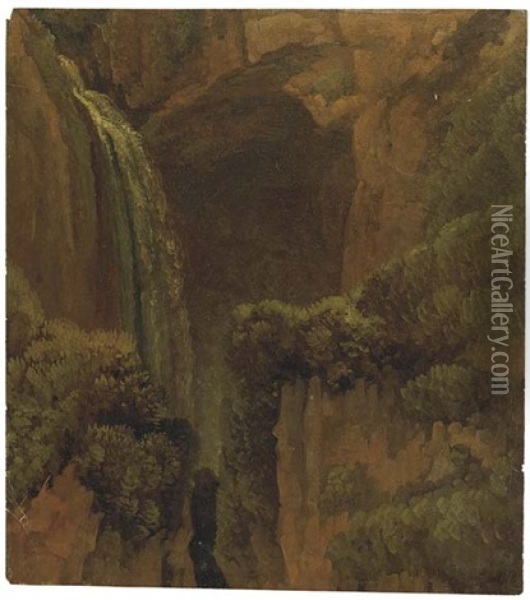 Une Chute D'eau Avec Une Grotte Naturelle A Tivoli Oil Painting - Simon-Joseph-Alexandre Clement Denis