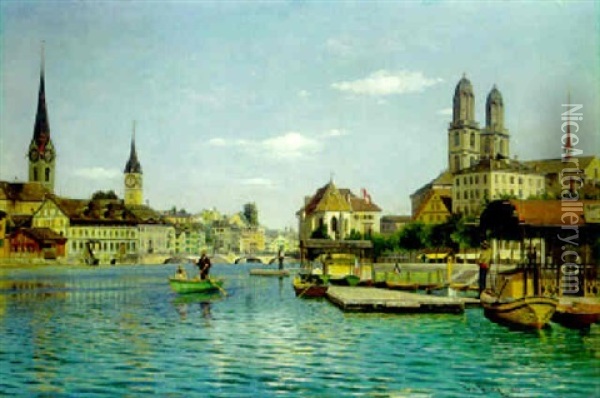 A View Of Zurich Oil Painting - Otto Pilny