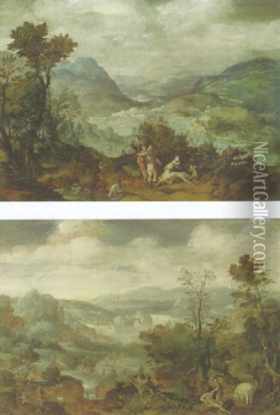An Extensive Landscape With Venus And Adonis(?) Oil Painting - Herri met de Bles