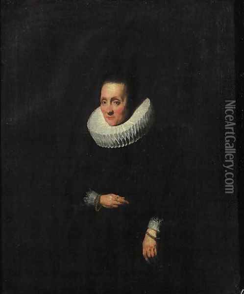 Portrait of a lady, aged 58, small three quarter length, wearing a black dress with molenkraag and cuffs, golden bracelets Oil Painting - Sir Anthony Van Dyck