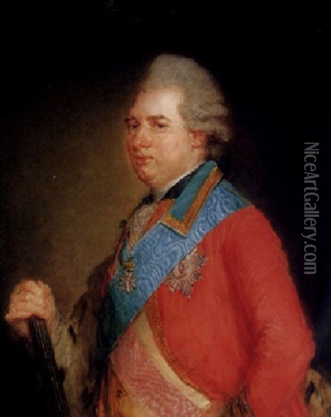 Portrait Of Karl, Landgrave Of Hesse, Half Length, Wearing A Red Coat With The Sash And Star Of The Order Of The Elephant, And Holding A Commander's Baton Oil Painting - Jean-Baptiste Perronneau