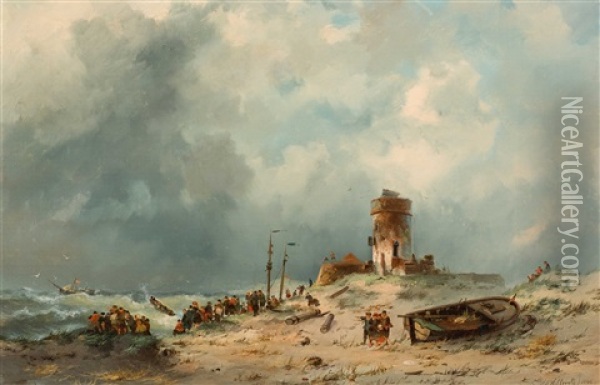 Figures On The Coast During Stormy Weather Oil Painting - Adrianus David Hilleveld