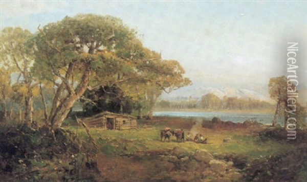 Figures And Cabin Near A Waterway Oil Painting - Andrew Melrose
