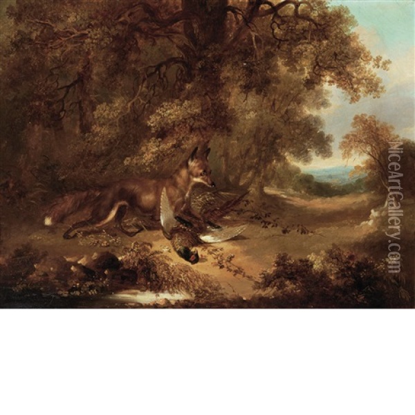 Fox With A Pheasant In A Landscape Oil Painting - George Armfield