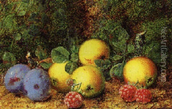Apples, Plums, And Raspberry On A Mossy Bank Oil Painting - George Clare